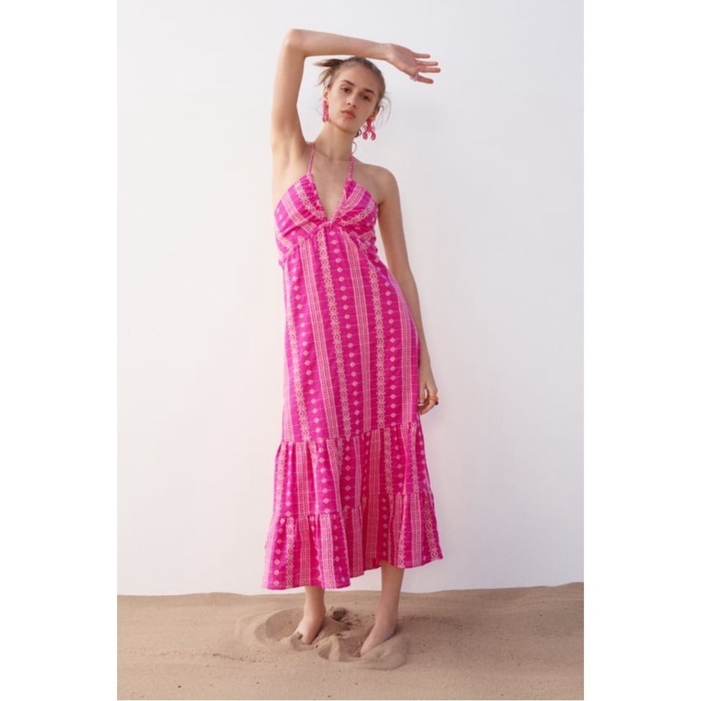 Zara Hot Pink Openwork Embroidered Boho Halter Midi Dress Womens Size Medium